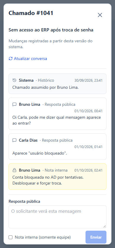 Conversa do chamado no celular, com resposta pública e nota interna