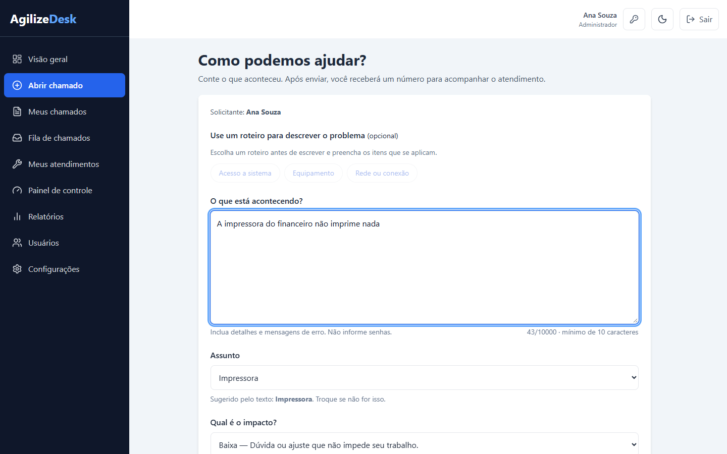 Tela de abrir chamado com o assunto Impressora sugerido pelo texto